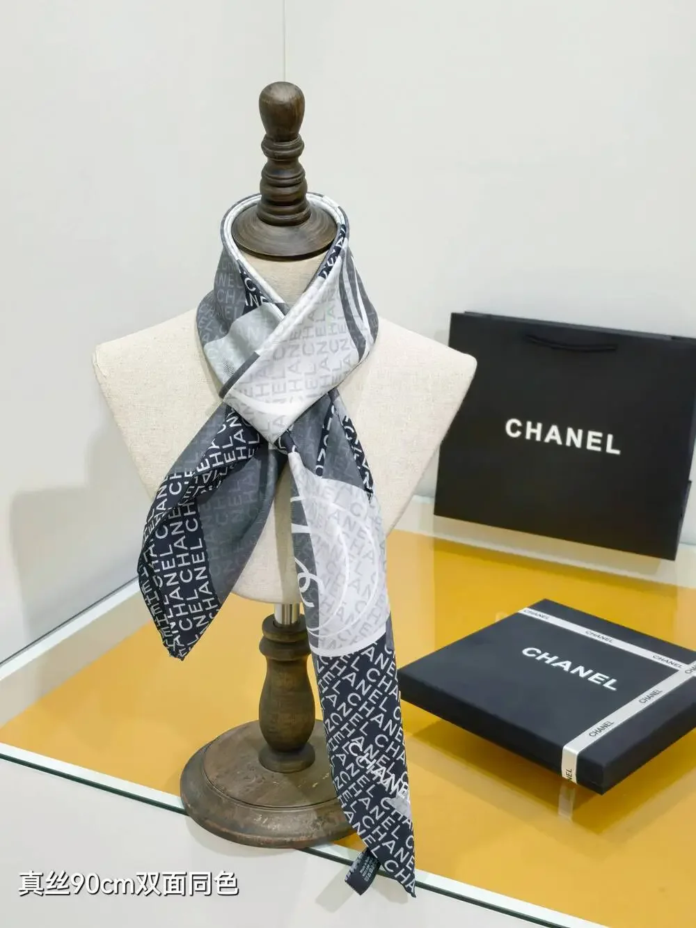 CHANEL Silk Logo Print Square Scarf 90×90cm